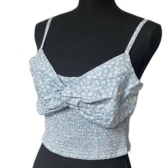 AE Blue DItsy Floral Smocked Twist Front Crop Top - Picture 1 of 7